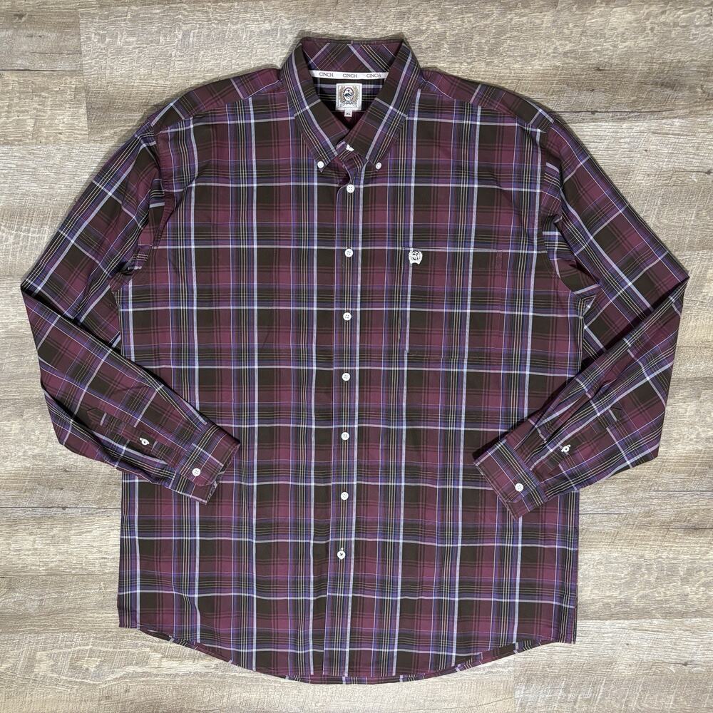 Cinch Button Down Long Sleeve Shirt Men's XL Purple Plaid Western Cowboy